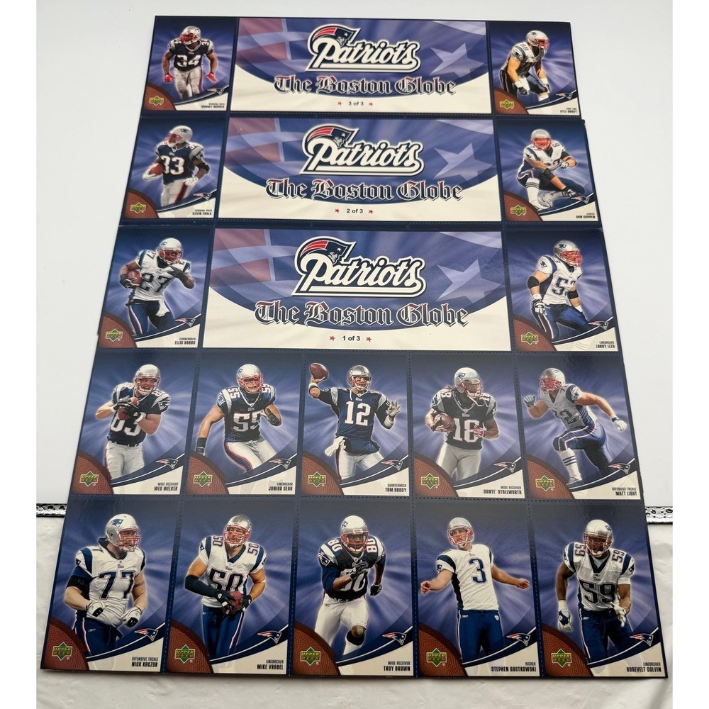 2007 Upper Deck New England Patriots Boston Globe Complete 3 Sheet Set Tom Brady